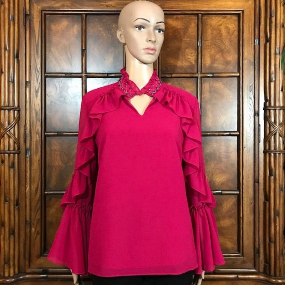 Magenta Ruffle Beaded Collar Poet Sleeve Chiffon … - image 1